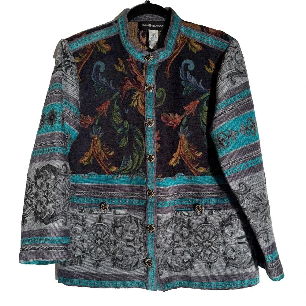 Vtg Sag Harbor Tapestry Women's 8 Southwestern‎ Baroque Knit Coat Concho Buttons